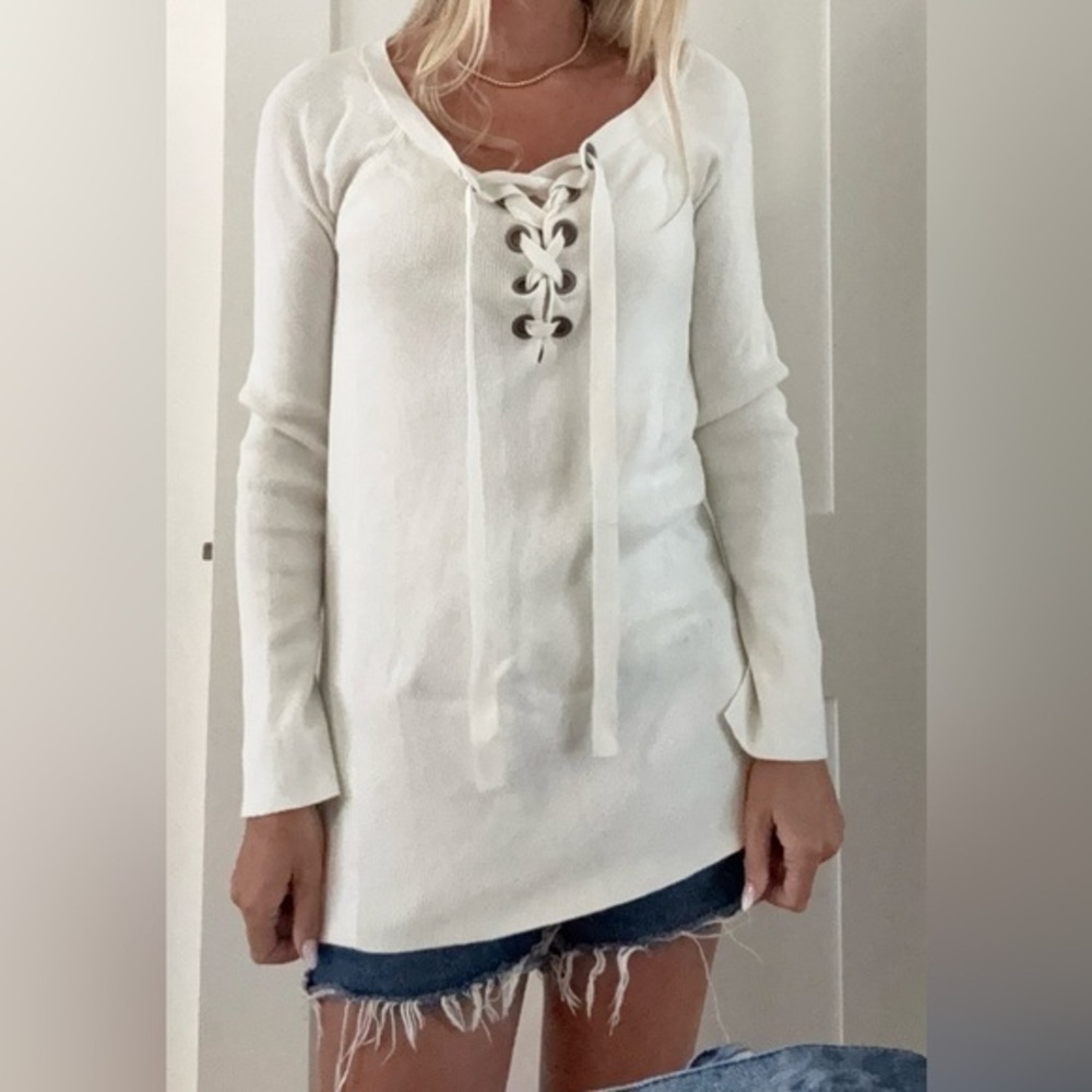TROUVE | White Ribbed Lace-Up detail Sweater, cotton blend, neutral small